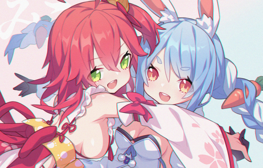 2girls ahoge animal_ear_fluff animal_ears ass bare_shoulders black_gloves blue_hair blush braid breasts bunny_girl carrot_hair_ornament character_name cherry_blossoms chromatic_aberration coat detached_sleeves food_themed_hair_ornament from_behind gloves green_eyes hair_ornament hairclip highres holding_hands hololive hug interlocked_fingers long_hair looking_at_viewer medium_breasts medium_hair multicolored_hair multiple_girls no_bra nontraditional_miko one_side_up open_mouth pink_hair rabbit_ears sakura_miko scarf sideboob smile tewo_(tewowet) thigh_strap thighs twin_braids two-tone_hair upper_body usada_pekora virtual_youtuber white_coat white_hair