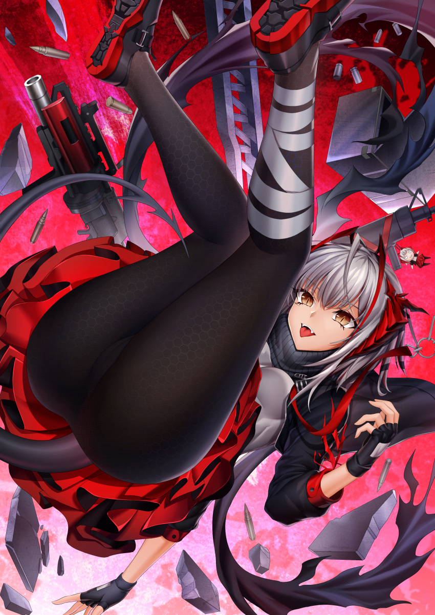 1girl absurdres antenna_hair arknights ass bandaged_leg bandages black_footwear black_gloves black_jacket black_legwear breasts cropped_jacket fangs fingerless_gloves gloves grenade_launcher grey_shirt gun highres honeycomb_(pattern) jacket legs_up long_sleeves medium_breasts miniskirt open_clothes open_jacket open_mouth pantyhose red_background scarf shell_casing shirt shoes short_hair silver_hair skirt smile solo tongue tongue_out w_(arknights) weapon xo_(xo17800108)