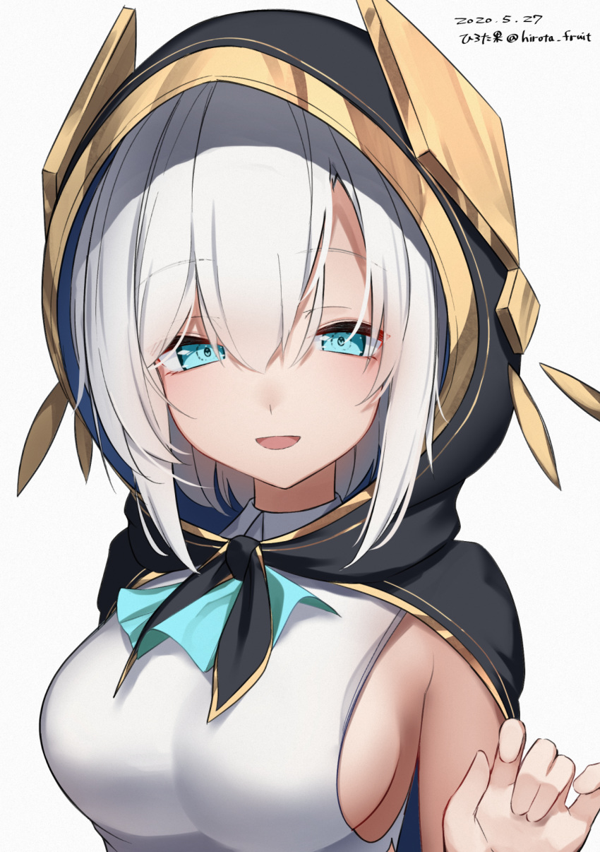 1girl :d ars_almal ascot bangs black_cape blue_eyes blue_neckwear breasts cape collared_shirt commentary_request dated eyebrows_visible_through_hair grey_background grey_hair hair_between_eyes hand_up highres hirota_fruit hood hood_up hooded_cape looking_at_viewer medium_breasts nijisanji open_mouth shirt short_hair sideboob signature simple_background sleeveless sleeveless_shirt smile solo twitter_username upper_body virtual_youtuber white_shirt