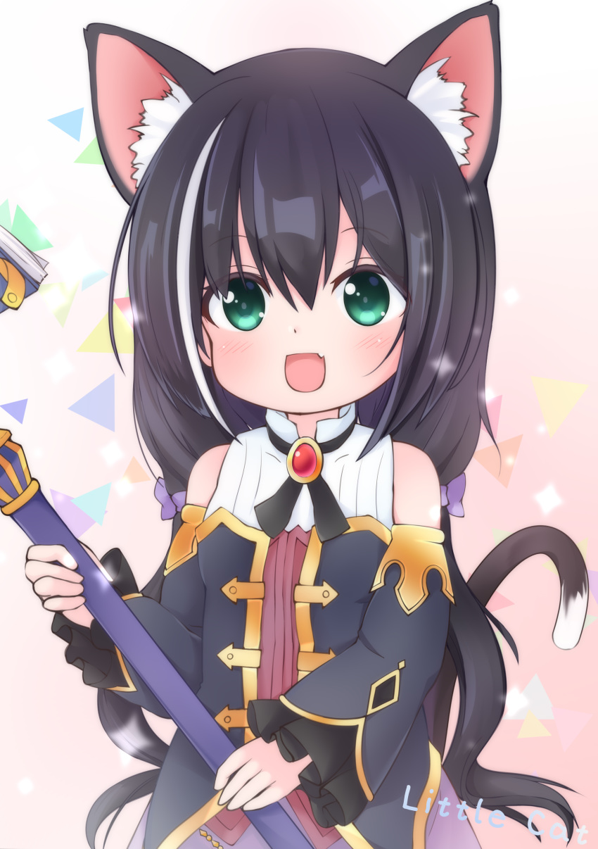 1girl :d absurdres animal_ears black_hair cat_ears cat_tail chinoru detached_sleeves fang green_eyes highres karyl_(princess_connect!) long_hair long_sleeves low_twintails multicolored_hair open_mouth princess_connect! princess_connect!_re:dive smile staff streaked_hair tail twintails white_hair