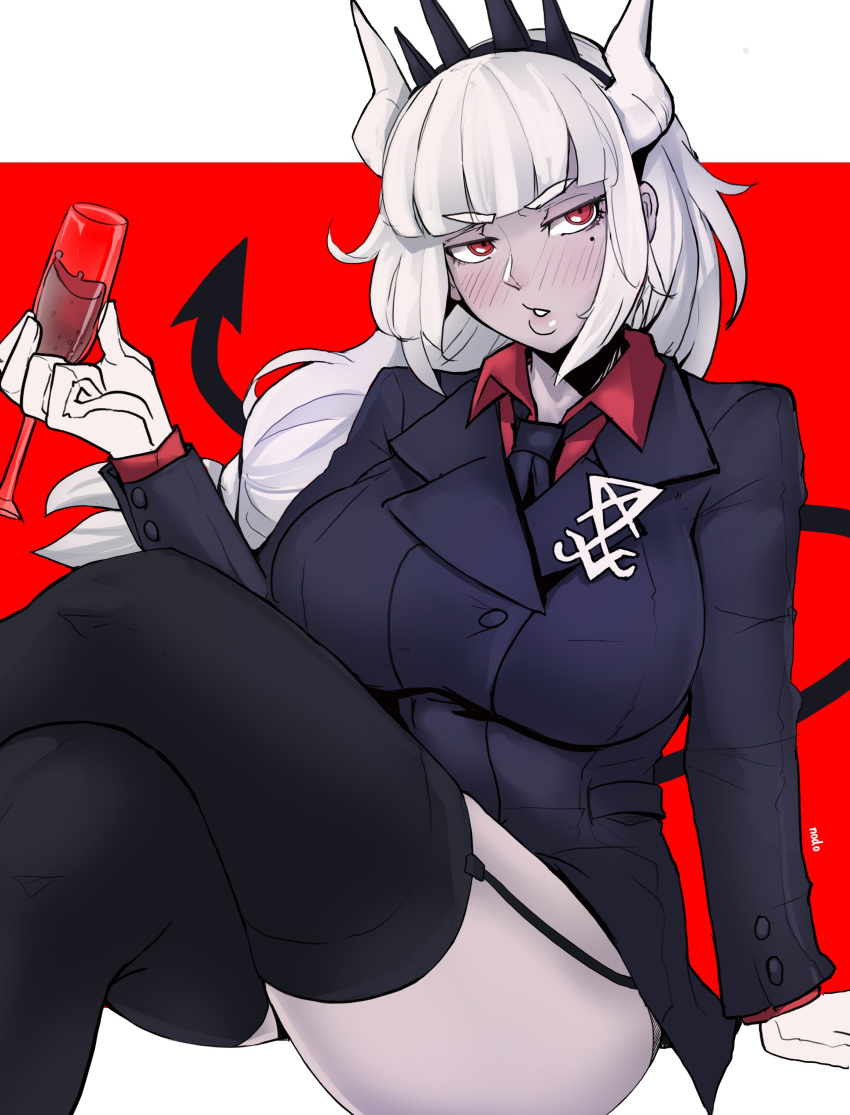 1girl absurdres alcohol arm_at_side artist_name ass black_jacket black_miniskirt black_neckwear black_skirt black_tail blush breasts business_suit collared_shirt crossed_legs cup demon_girl demon_horns demon_tail drinking_glass eyebrows_visible_through_hair formal garter_straps gloves hair_ornament helltaker highres horns huge_breasts jacket large_breasts long_hair looking_to_the_side lucifer_(helltaker) mole mole_under_eye necktie neckwear open_mouth puzenketsu red_background red_eyes red_shirt shirt simple_background sitting skirt solo suit tail thigh-highs white_gloves white_hair white_horns wine wine_glass