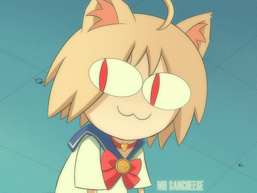 1girl :3 =3 ahoge animal_ears artist_name bangs bishoujo_senshi_sailor_moon blonde_hair blue_sailor_collar cat_ears chibi choker circlet commentary crescent derivative_work heart heart_choker highres jewelry kagetsu_tooya melty_blood meme mrsancheese_art nekoarc parody red_choker red_eyes sailor_collar sailor_moon_redraw_challenge sailor_senshi_uniform screencap_redraw short_hair slit_pupils smile solo tsukihime upper_body