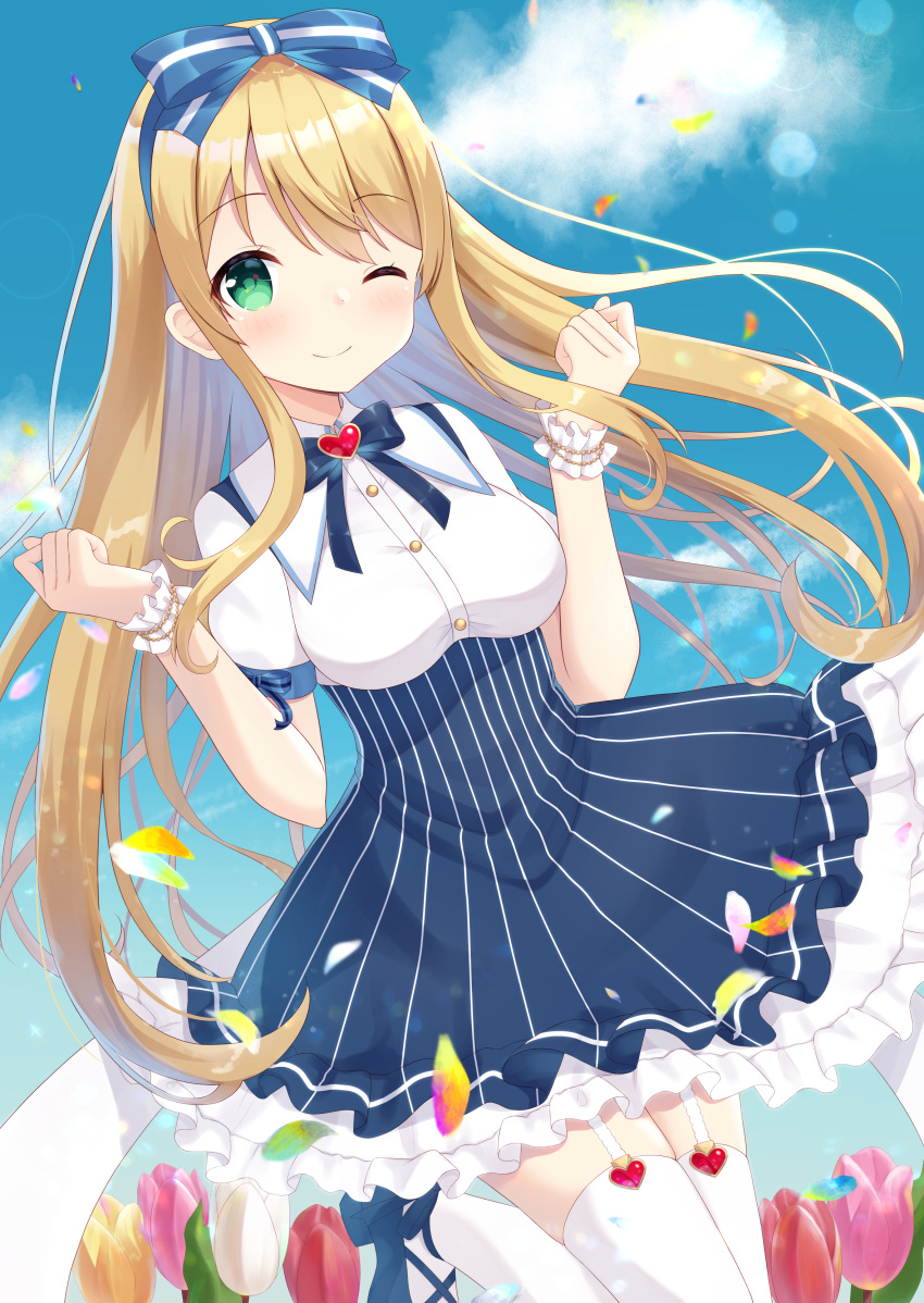 1girl absurdres arms_up bangs blonde_hair blue_dress blue_footwear blue_neckwear blue_sky bow brooch clenched_hands clouds collared_shirt dress dutch_angle emori_miku_project emu_alice eyebrows_visible_through_hair flower frilled_dress frills garter_belt garter_straps green_eyes hair_bow heart highres jewelry kurumi_lm long_hair one_eye_closed petals shirt sidelocks sky smile thigh-highs tulip virtual_youtuber white_legwear white_shirt wrist_cuffs