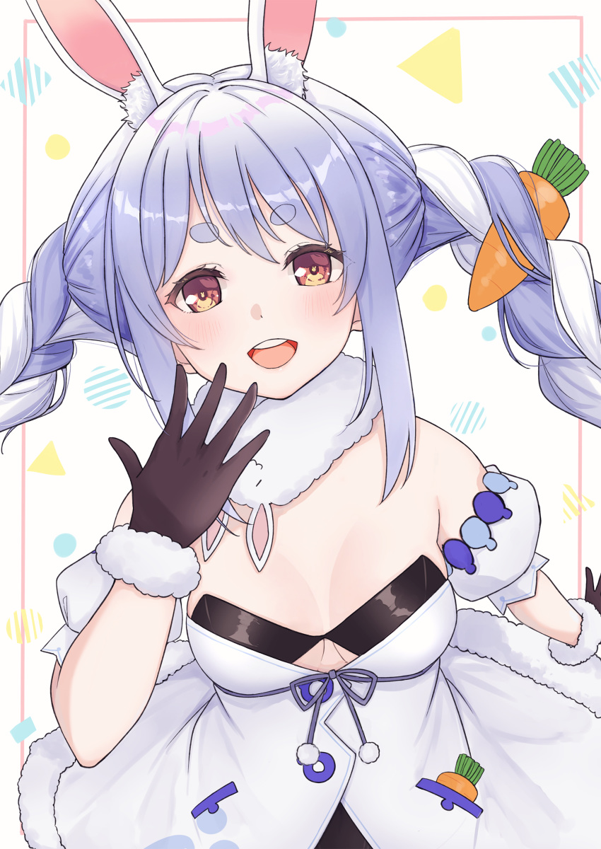1girl :d absurdres animal_ear_fluff animal_ears arhah bangs black_gloves black_leotard blue_hair blush braid breasts brown_eyes commentary_request detached_sleeves dress eyebrows_visible_through_hair fur-trimmed_dress fur-trimmed_gloves fur_trim gloves hand_to_own_mouth hand_up highres hololive leotard long_hair multicolored_hair open_mouth puffy_short_sleeves puffy_sleeves rabbit_ears round_teeth short_eyebrows short_sleeves small_breasts smile solo strapless strapless_dress strapless_leotard teeth thick_eyebrows twin_braids twitter_username two-tone_hair upper_teeth usada_pekora virtual_youtuber white_background white_dress white_hair white_sleeves