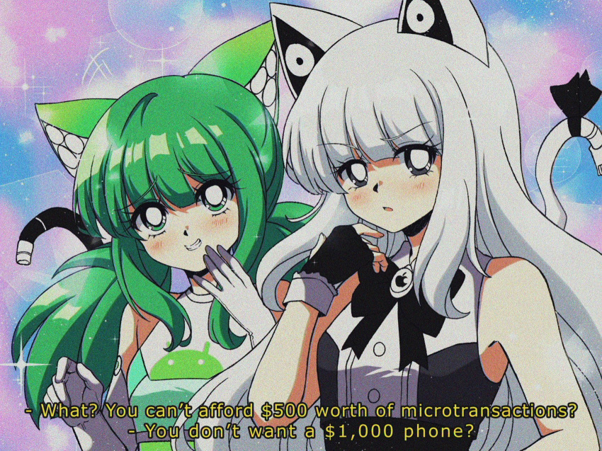 1990s_(style) 2girls android_(os) android_(personification) animal_ears apple_inc. bangs black_eyes black_gloves blunt_bangs blush cat_ears cat_tail criis-chan elbow_gloves english_commentary fake_screenshot fingerless_gloves gloves green_eyes green_hair grin hand_up highres iphone_(personification) long_hair looking_at_viewer multiple_girls open_mouth original os-tan personification shirt sleeveless sleeveless_shirt smile smug subtitled tail upper_body white_gloves white_hair