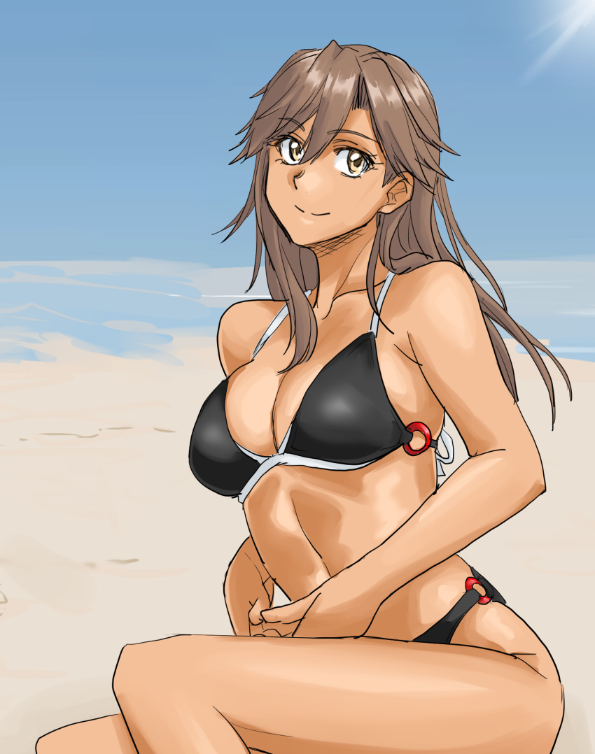 1girl alternate_breast_size arashio_(kantai_collection) beach bikini black_bikini breasts brown_eyes brown_hair commentary_request feet_out_of_frame highres kantai_collection long_hair looking_at_viewer medium_breasts o-ring o-ring_bikini o-ring_bottom o-ring_top sitting smile solo sozan swimsuit tan