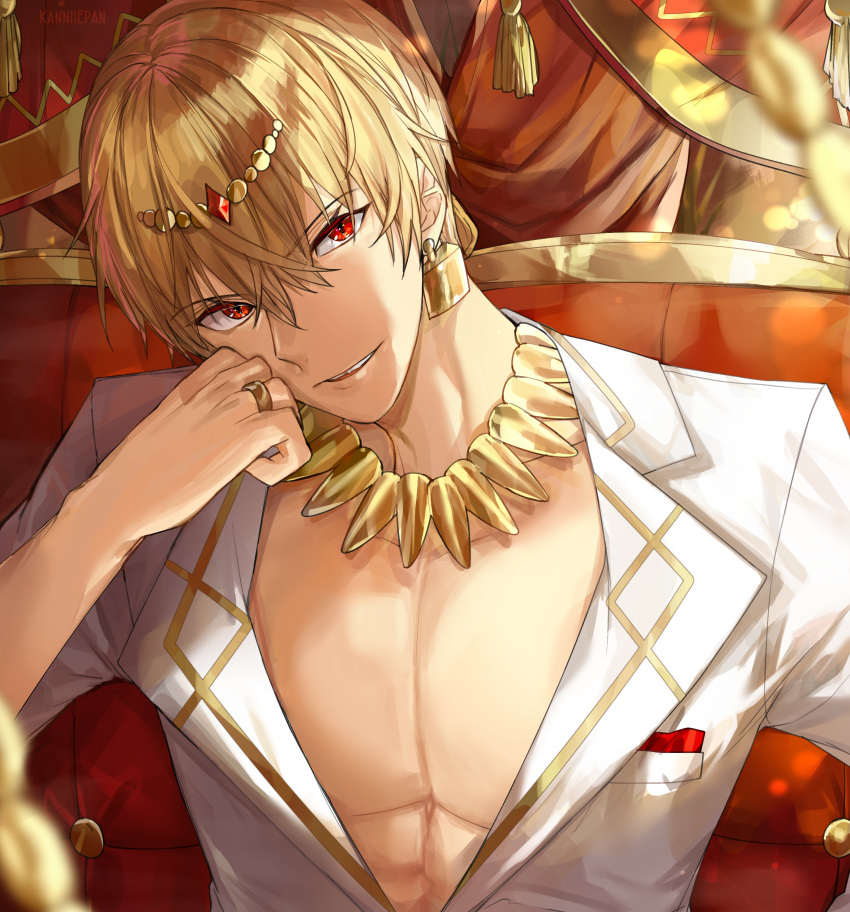 1boy absurdres blonde_hair blurry_foreground chest earrings fate/grand_order fate_(series) gilgamesh gold hair_between_eyes hand_on_own_cheek hand_on_own_face highres jewelry kanniepan looking_at_viewer male_focus necklace open_mouth parted_lips red_eyes ring shirt short_hair smile solo upper_body white_shirt