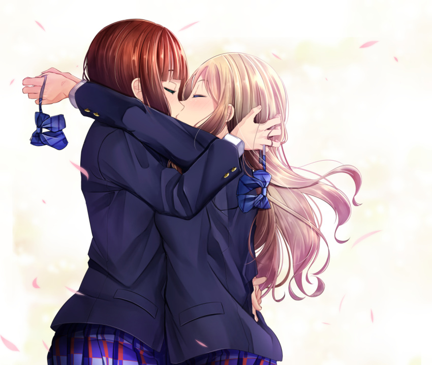 2girls ayase_arisa bangs blazer blue_bow blue_jacket blue_skirt blush bow brown_hair closed_eyes commentary_request eyebrows_behind_hair facing_another hand_in_another's_hair holding jacket kiss kousaka_yukiho light_brown_hair long_hair love_live! love_live!_school_idol_project mad_(hazukiken) multiple_girls outstretched_arms petals plaid plaid_skirt pleated_skirt school_uniform skirt very_long_hair yuri
