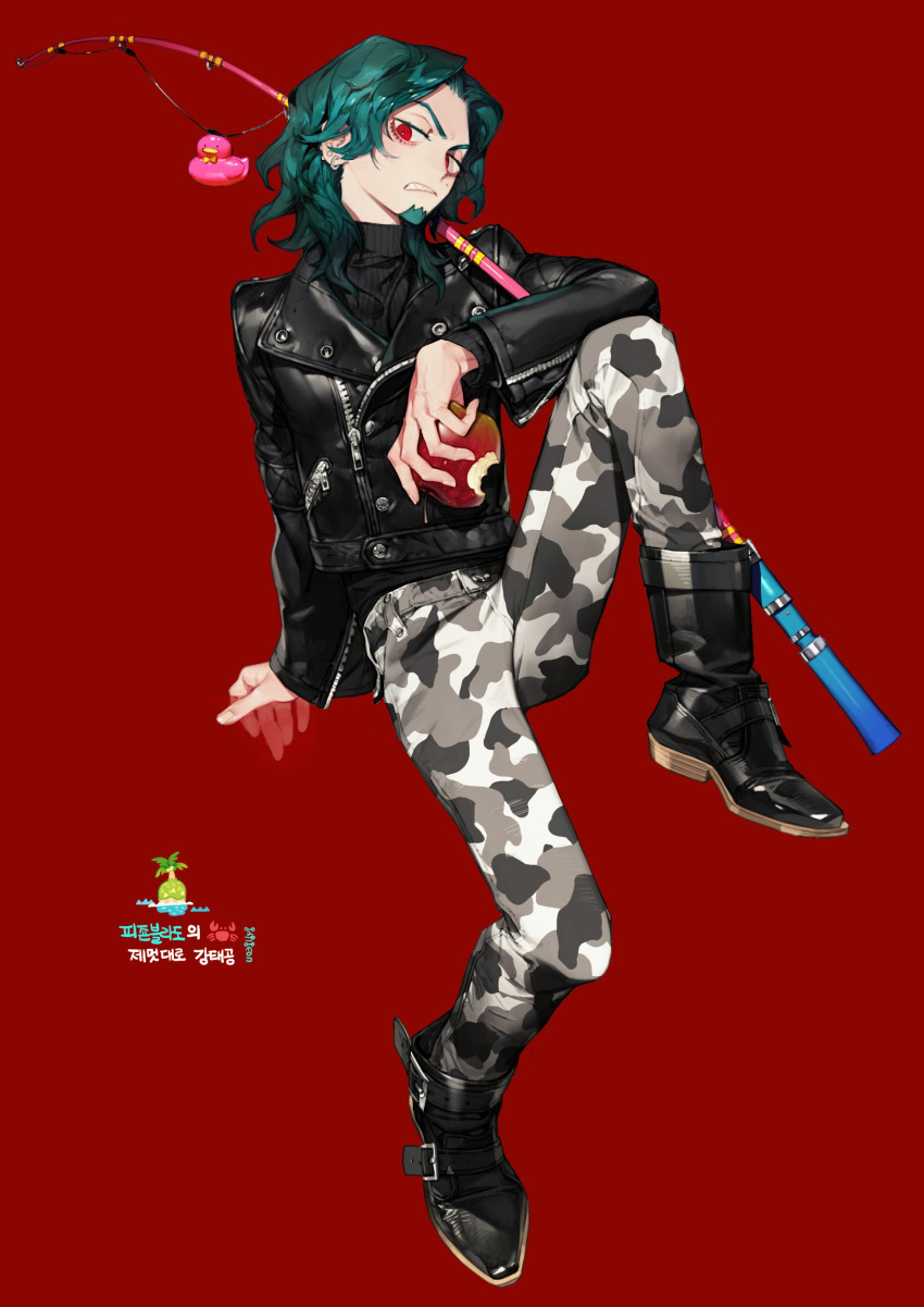 1boy absurdres apple aqua_hair bitten_apple black_footwear black_jacket boots camouflage camouflage_pants doubutsu_no_mori ear_piercing earrings facial_hair fishing_rod food fruit full_body goatee head_tilt highres holding holding_food invisible_chair jacket jewelry knee_up leather leather_jacket long_sleeves male_focus original pants piercing pigeon666 red_background red_eyes short_hair simple_background sitting sneer stud_earrings sweater turtleneck turtleneck_sweater zipper