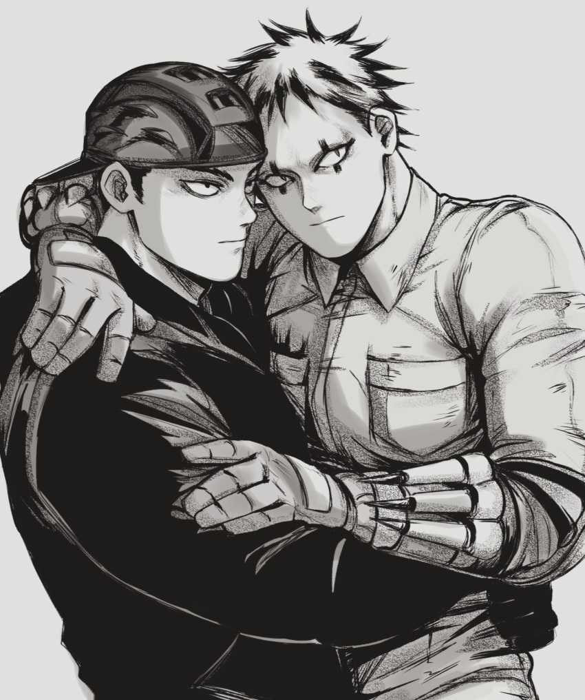 2boys absurdres aikawa_(dorohedoro) arm_hug backwards_hat black_hair black_shirt closed_eyes collared_shirt dorohedoro facial_mark florbetriz focused gloves greyscale hand_on_another's_shoulder hand_on_another's_waist hat highres hug looking_to_the_side male_focus monochrome multicolored_hair multiple_boys mutual_hug pectoral_docking risu_(dorohedoro) shirt sideburns simple_background upper_body waist_hug yaoi