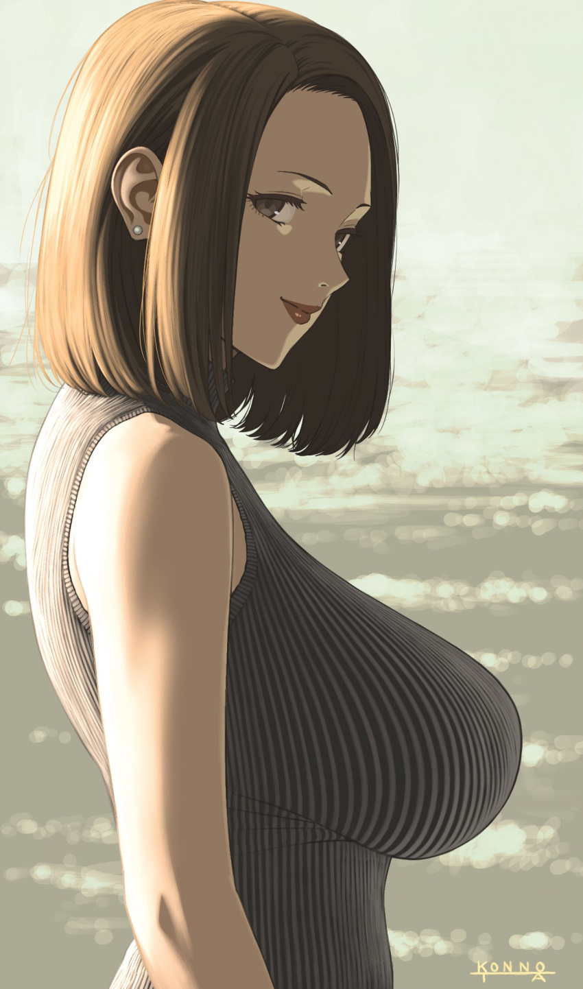 1girl bangs bare_shoulders breasts brown_eyes brown_hair commentary_request earrings from_side hair_behind_ear highres jewelry konnota large_breasts looking_to_the_side medium_hair original parted_bangs red_lips ribbed_shirt shirt signature sleeveless sleeveless_shirt