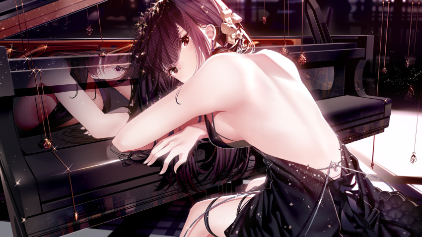 1boy 1girl alternate_costume arm_support atha_(leejuiping) back backless_dress backless_outfit bangs bare_arms bare_back bare_shoulders black_dress blush breasts detached_sleeves dress earrings fate/grand_order fate_(series) from_behind glint hair_ribbon highres instrument jewelry leaning_forward long_hair looking_at_viewer looking_back medium_breasts piano purple_hair reflection ribbon scathach_(fate)_(all) scathach_(fate/grand_order) sideboob sitting solo veil very_long_hair violet_eyes yellow_ribbon