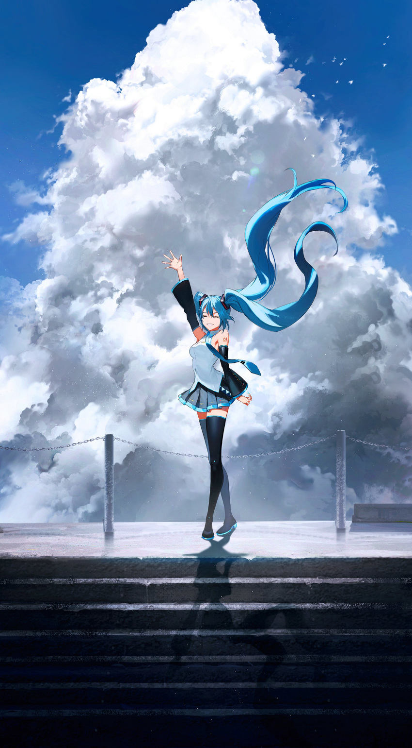 1girl absurdres aqua_hair aqua_nails arm_up black_legwear black_skirt blue_neckwear blue_sky body_writing boots breasts chain closed_eyes clouds cloudy_sky collared_shirt commentary day detached_sleeves dress_shirt eyelashes floating_hair full_body grin hatsune_miku highres hoojiro long_hair looking_at_viewer medium_breasts miniskirt nail_polish necktie outdoors pleated_skirt shadow shirt skirt sky sleeveless sleeveless_shirt smile solo stairs standing thigh-highs thigh_boots thighs twintails vocaloid waving white_shirt wind zettai_ryouiki