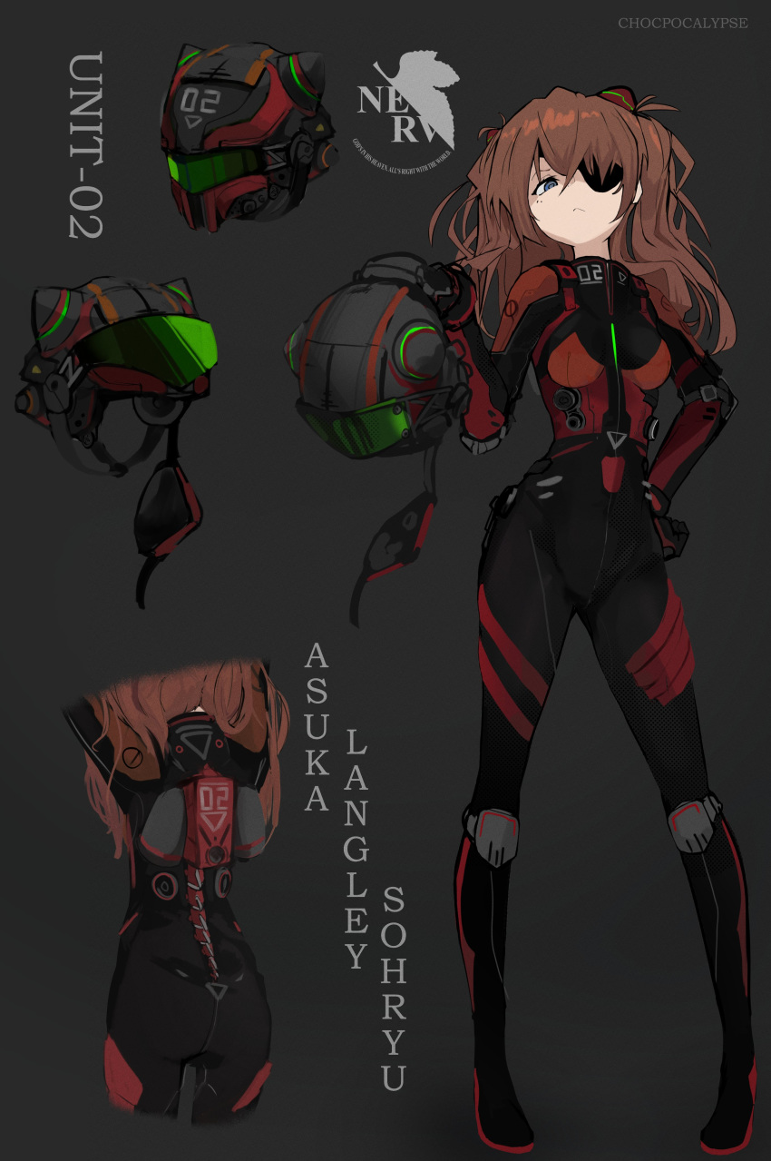 1girl absurdres adapted_costume arms_up artist_name back blue_eyes bodysuit brown_hair character_name chocpocalypse commentary english_commentary english_text eyepatch grey_background hand_on_hip hand_up helmet highres holding holding_helmet interface_headset legs_apart long_hair looking_at_viewer multicolored multicolored_bodysuit multicolored_clothes multiple_views neon_genesis_evangelion pigeon-toed plugsuit revision shiny shiny_hair simple_background solo souryuu_asuka_langley standing