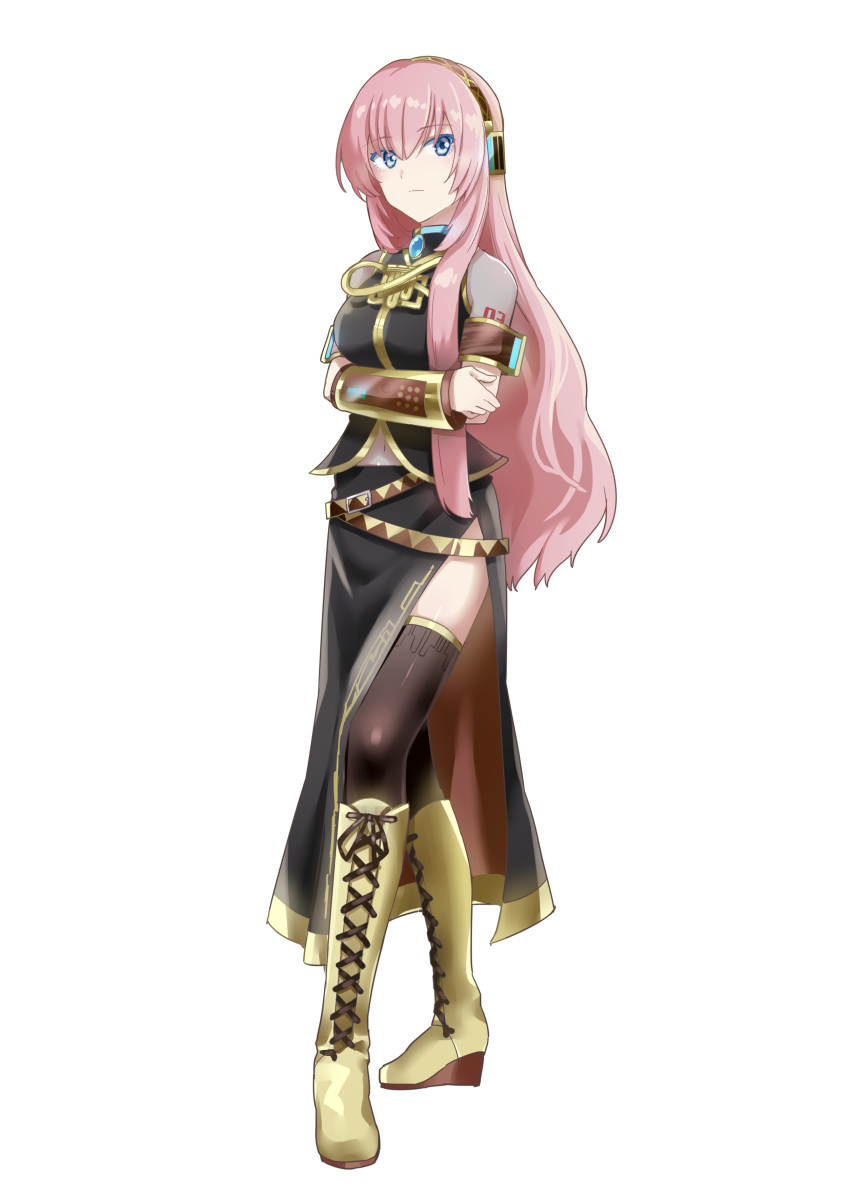 1girl absurdres agonasubi amulet armband black_shirt black_skirt blue_eyes boots commentary crossed_arms derivative_work expressionless full_body gold_footwear gold_trim hairband headphones highres knee_boots long_hair megurine_luka midriff navel navel_cutout piano_print pink_hair see-through_sleeves shirt short_sleeves side_slit sideways_glance simple_background skirt solo standing thigh-highs very_long_hair vocaloid vocaloid_boxart_pose wedge_heels white_background