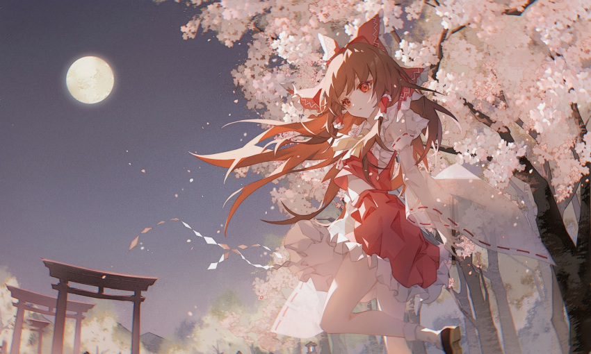 1girl amulet1998 bow brown_hair cherry_blossoms commentary_request detached_sleeves frilled_bow frills full_moon hair_bow hair_tubes hakurei_reimu highres long_hair looking_at_viewer moon night night_sky outdoors petals petticoat red_bow red_eyes red_skirt ribbon-trimmed_sleeves ribbon_trim scenery shirt shoes skirt sky socks solo torii touhou tree white_legwear