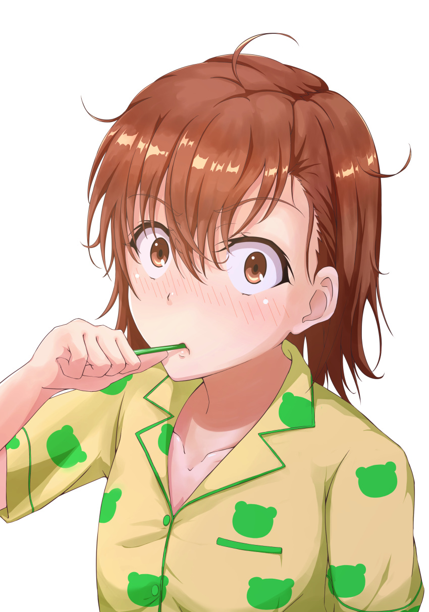 1girl absurdres animal_print blush brown_eyes brown_hair brushing_teeth buttons collarbone frog_print halya_meri highres holding looking_at_viewer messy_hair misaka_mikoto pajamas short_hair simple_background solo surprised to_aru_kagaku_no_railgun to_aru_majutsu_no_index toothbrush_in_mouth upper_body white_background