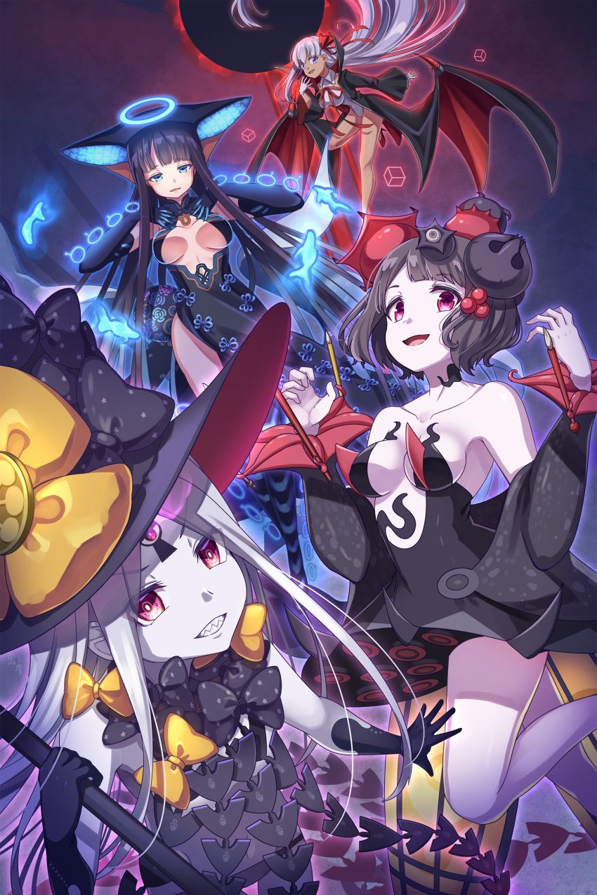 4girls abigail_williams_(fate/grand_order) bangs bare_shoulders bat_wings bb_(fate)_(all) bb_(swimsuit_mooncancer)_(fate) black_bow black_coat black_dress black_gloves black_headwear black_legwear black_panties blue_eyes blunt_bangs blush bow breasts calligraphy_brush center_opening coat collarbone dress eclipse elbow_gloves fate/grand_order fate_(series) fish forehead gloves gradient gradient_background grin hair_ornament hair_ribbon hairpin halo hands_on_own_chest hat highleg highleg_leotard highres katsushika_hokusai_(fate/grand_order) keyhole large_breasts leotard long_hair looking_at_viewer multiple_bows multiple_girls navel neck_ribbon orange_bow paintbrush panties parted_bangs pink_eyes popped_collar purple_background purple_hair red_ribbon ribbon ryofuhiko sharp_teeth skull_print small_breasts smile star star_print tan teeth thigh-highs thighs third_eye underwear vampire_costume very_long_hair violet_eyes white_gloves white_hair white_leotard white_skin wings witch_hat yang_guifei_(fate/grand_order)