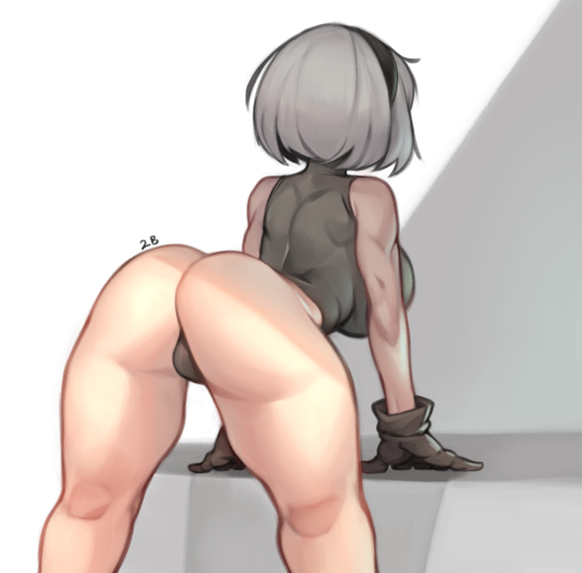 1girl alternate_costume ass back black_legwear breasts from_behind gloves highres kelvin_hiu large_breasts leotard nier_(series) nier_automata no_pants shiny shiny_skin short_hair silver_hair solo thick_thighs thighs thong_leotard white_background yorha_no._2_type_b