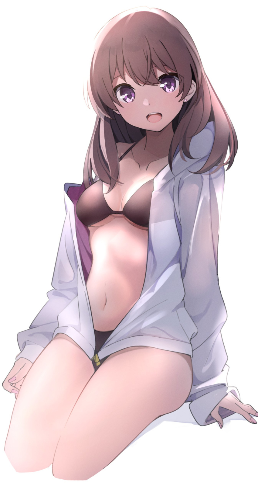 1girl absurdres bikini breasts brown_bikini brown_hair cropped_legs highres jacket kazenoko long_hair long_sleeves looking_at_viewer medium_breasts navel off_shoulder open_clothes open_jacket open_mouth original simple_background sitting smile solo stomach string_bikini swimsuit thighs violet_eyes white_background white_jacket