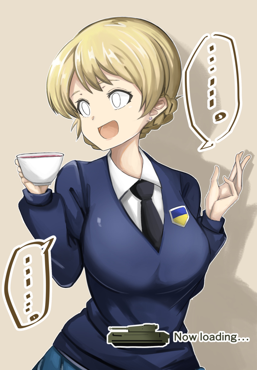 ... 1girl bangs black_neckwear blonde_hair blue_eyes blue_skirt blue_sweater braid brown_background churchill_(tank) commentary cup darjeeling_(girls_und_panzer) dress_shirt earrings emblem empty_eyes english_text girls_und_panzer ground_vehicle highres holding holding_cup jewelry koujouchou long_sleeves looking_to_the_side military military_vehicle motor_vehicle necktie open_mouth pleated_skirt school_uniform shadow shirt short_hair skirt smile solo spoken_ellipsis st._gloriana's_school_uniform standing stud_earrings sweater tank tea teacup tied_hair twin_braids v-neck white_shirt wing_collar