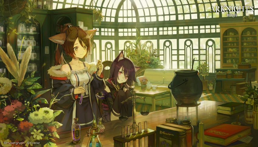 2girls absurdres alchemy animal_ear_fluff animal_ears apron arknights armband bare_shoulders black_dress black_gloves black_jacket black_legwear blue_apron blue_jacket blue_ribbon book bottle brown_eyes brown_hair cat_ears cauldron chair chemistry_set choker commentary_request copyright_name couch cupboard cushion dress dropper expressionless eyebrows_visible_through_hair fingerless_gloves flower fox_ears fur-trimmed_jacket fur_jacket fur_trim furniture gloves hair_ornament hair_ribbon handkerchief hands_on_own_knees highres hihara_you holding holding_bottle huge_filesize indoors jacket knee_up laboratory long_hair long_sleeves looking_afar looking_at_object melantha_(arknights) multicolored_hair multiple_girls official_art own_hands_together parted_lips perfumer_(arknights) plant ponytail potion potted_plant purple_armband purple_dress red_eyes ribbon scales shiny shiny_hair sitting smile table tagme test_tube thigh-highs two-tone_dress two-tone_hair vial waist_apron white_dress white_fur window