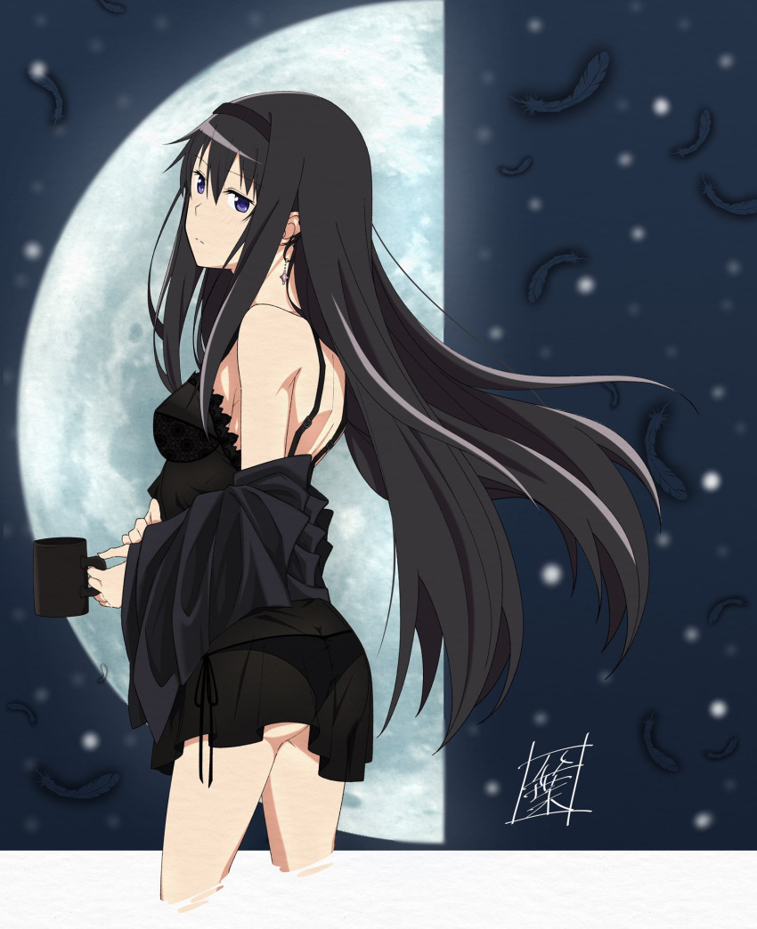 1girl akemi_homura backless_outfit black_hair black_panties blue_eyes blush breasts butt_crack closed_mouth cup earrings eyebrows_visible_through_hair hair_ornament hairband highres jewelry lingerie long_hair looking_at_viewer looking_back mahou_shoujo_madoka_magica medium_breasts moon negligee night night_sky panties see-through shiny shiny_hair shoulder_blades side-tie_panties sky solo standing underwear yotsuba0930