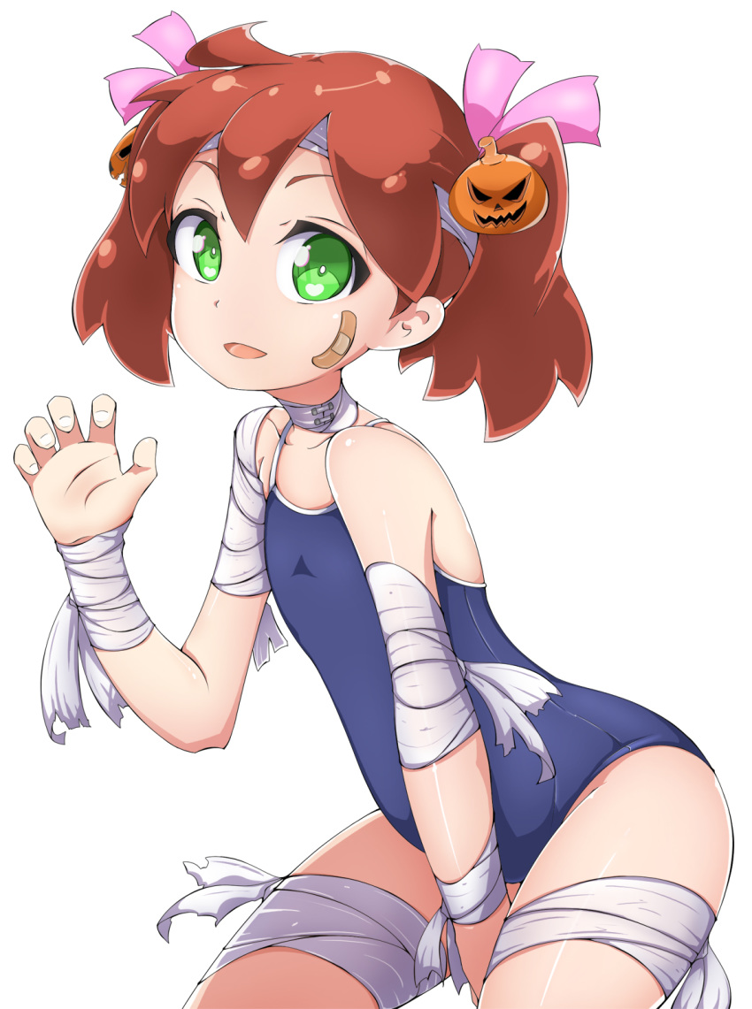 1girl bandages bandaid bandaid_on_face between_legs blue_swimsuit brown_hair claw_pose commentary_request flat_chest green_eyes hair_ornament halloween hand_between_legs highres jack-o'-lantern leaning_forward long_hair one-piece_swimsuit open_mouth ribbon saru_getchu sayaka_(saru_getchu) school_swimsuit simple_background smile solo swimsuit thighs white_background wolfdale