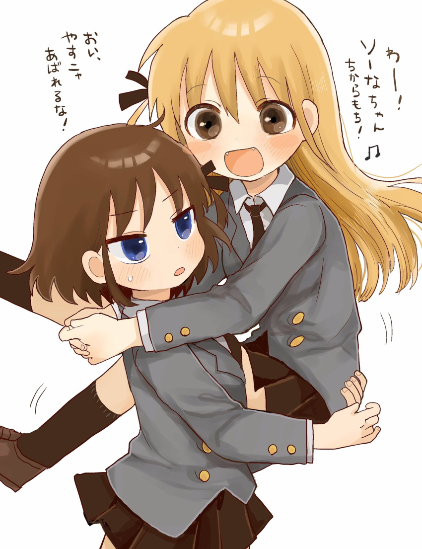 2girls alternate_hairstyle blazer blonde_hair blue_eyes blush brown_eyes brown_hair carrying hair_ribbon highres hozonsui jacket kill_me_baby long_hair multiple_girls necktie open_mouth oribe_yasuna personality_switch pleated_skirt ribbon school_uniform short_hair skirt smile sonya_(kill_me_baby) translation_request