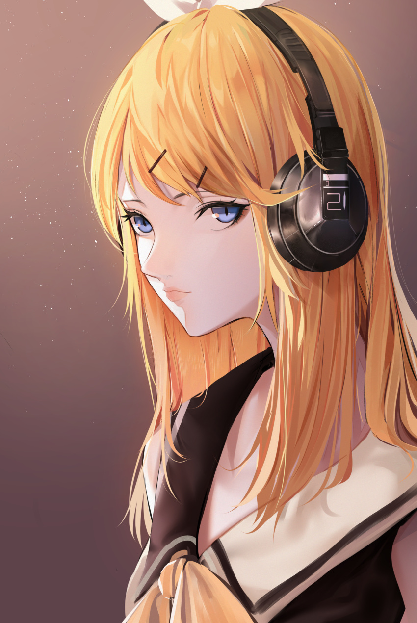 1girl absurdres bangs blonde_hair blue_eyes bow brown_background closed_mouth commentary expressionless gradient gradient_background hair_bow hair_ornament hairclip headphones highres kagamine_rin lips long_hair looking_at_viewer matsunaga777 neckerchief pink_lips portrait roshin_yuukai_(vocaloid) simple_background solo vocaloid white_bow yellow_neckwear
