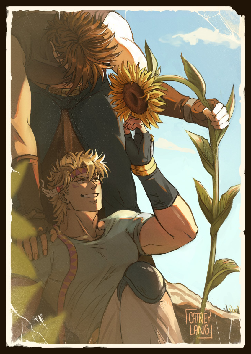 2boys bangs bara bare_shoulders belt blonde_hair blue_eyes bracelet brown_hair caesar_anthonio_zeppeli catneylang chest clouds cloudy_sky covered_abs day facial_mark feathers fingerless_gloves flower gloves gradient_hair green_eyes hair_between_eyes hair_feathers hand_on_another's_shoulder headband highres holding holding_flower jewelry jojo_no_kimyou_na_bouken joseph_joestar_(young) light looking_at_viewer male_focus medium_hair multicolored_hair multiple_boys muscle outdoors pants pectorals plant scarf shirt short_sleeves sitting sky sleeveless smile standing sunflower upper_body yaoi