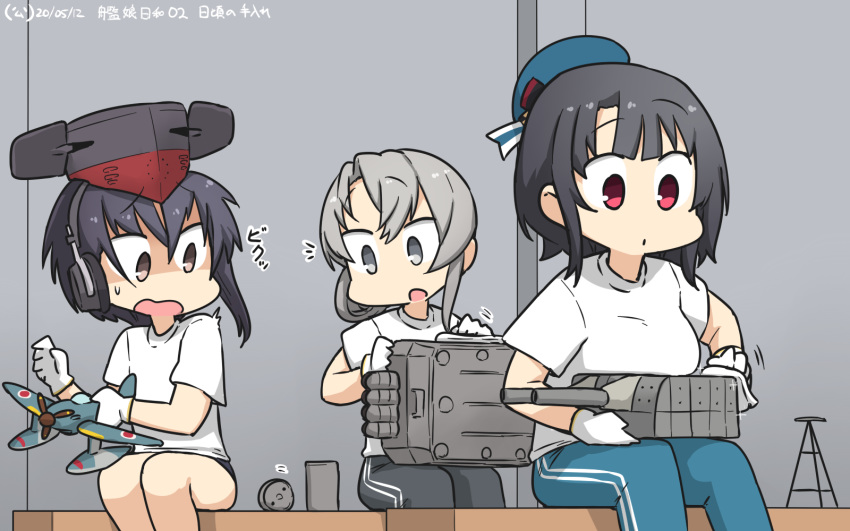 3girls aircraft airplane asymmetrical_hair beret black_hair blush breasts brown_eyes commentary_request dated depth_charge eyebrows_visible_through_hair gloves grey_eyes hair_between_eyes hamu_koutarou hat headphones highres i-13_(kantai_collection) kantai_collection large_breasts long_hair looking_at_viewer m6a_seiran multiple_girls nowaki_(kantai_collection) open_mouth pants red_eyes shirt short_hair short_sleeves silver_hair sitting smile takao_(kantai_collection) torpedo_tubes track_pants translation_request turret white_gloves white_shirt