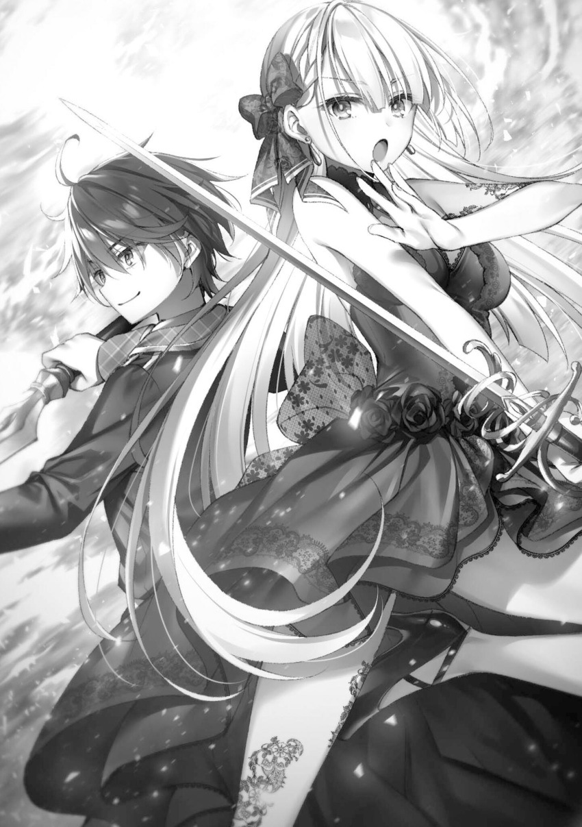 1boy 1girl :o bangs bow breasts closed_mouth dress earrings eyebrows_visible_through_hair floating_hair greyscale hair_bow high_heels highres holding holding_sword holding_weapon jacket jewelry leonis_(seiken_gakuin_no_maken_tsukai) long_hair long_sleeves lyseria_christaria medium_breasts monochrome novel_illustration official_art pants pumps seiken_gakuin_no_maken_tsukai short_dress sleeveless sleeveless_dress smile sword toosaka_asagi very_long_hair weapon