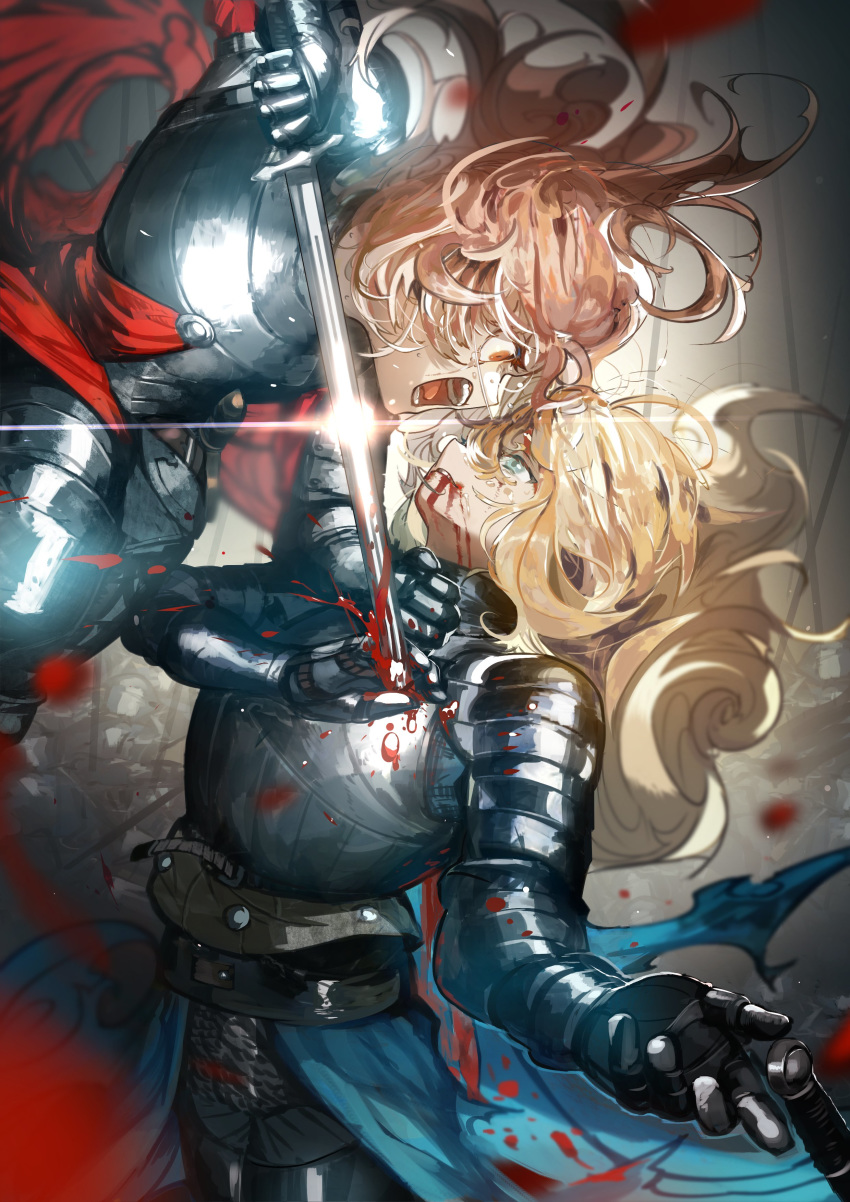 2girls absurdres armor battle blonde_hair blood blood_from_mouth blood_splatter blue_eyes breastplate brown_eyes brown_hair crying gauntlets half-closed_eyes highres knight long_hair looking_at_another multiple_girls original ossan_zabi_190 plate_armor shoulder_armor stabbed sword tears waist_cape weapon