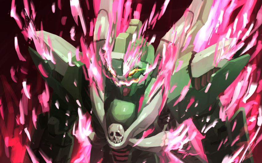 crossbone_gundam crossbone_gundam_ghost fire glowing glowing_eyes gundam highres looking_down mecha no_humans open_mouth phantom_gundam pink_flame pirate qoo8736 skull solo yellow_eyes