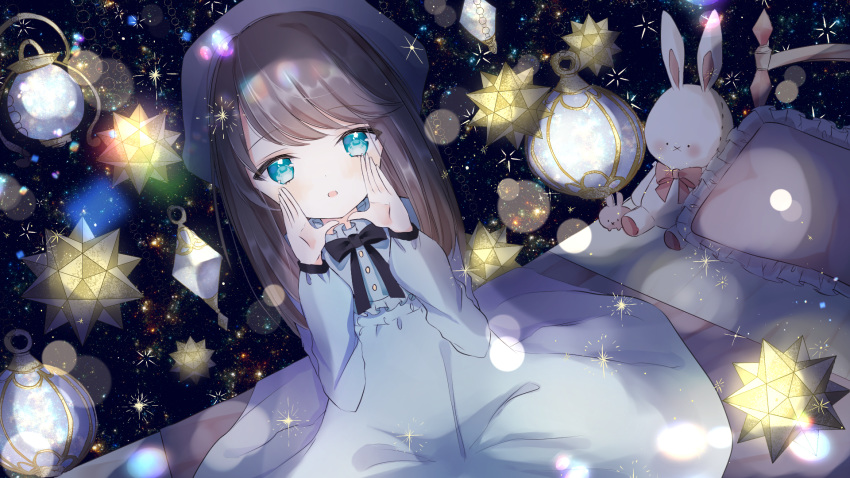 1girl aqua_eyes artist_request bangs beret black_neckwear blue_dress blue_headwear blush bow bowtie brown_hair child crystal dress dutch_angle eyebrows_visible_through_hair flat_chest hands_up hat highres kumonoue_yumemi lantern light_blush long_hair long_sleeves looking_at_viewer official_art on_bed open_mouth pillow shiny shiny_hair sitting solo sparkle star_(sky) stuffed_animal stuffed_bunny stuffed_toy swept_bangs yumemi_channel