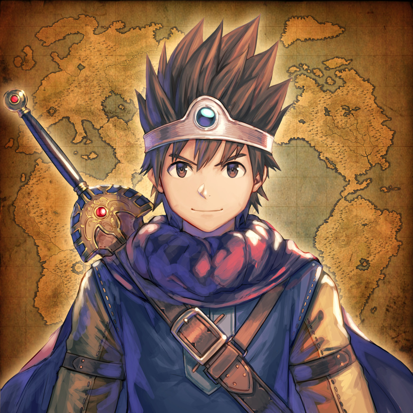 1boy absurdres anbe_yoshirou belt black_hair cape circlet commentary dragon_quest dragon_quest_iii highres looking_at_viewer male_focus map map_background roto solo spiky_hair sword upper_body weapon