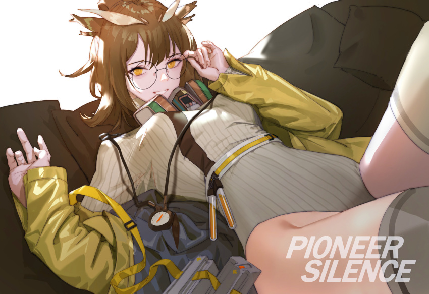 1girl arknights brown_hair commentary_request compass glasses highleg highres jacket jane_xiao leotard long_sleeves looking_at_viewer lying mask mouth_mask on_back open_clothes open_jacket owl_ears ribbed_leotard round_eyewear short_hair silence_(arknights) smile solo thigh-highs thong_leotard turtleneck_leotard vial white_legwear yellow_eyes yellow_jacket
