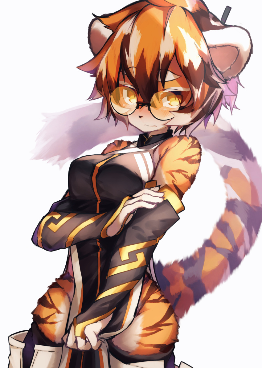 absurdres animal_ears arknights bangs breasts bridal_gauntlets china_dress chinese_clothes dress furry glasses highres multicolored_hair pelvic_curtain round_eyewear simple_background streaked_hair tab_head tail tiger_ears tiger_girl tiger_stripes tiger_tail waai_fu_(arknights)