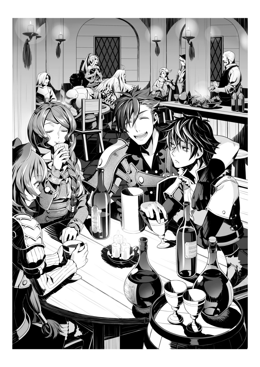 angel_wings animal_ears arm_around_neck bangs barrel bottle closed_eyes feathered_wings firo_(tate_no_yuusha_no_nariagari) glass gloves greyscale hair_between_eyes highres indoors iwatani_naofumi l'arc_berg_sickle minami_seira monochrome multiple_boys multiple_girls novel_illustration official_art raccoon_ears raccoon_girl raphtalia shiny shiny_hair sitting spiky_hair swept_bangs table tate_no_yuusha_no_nariagari tavern therese_alexanderite wings