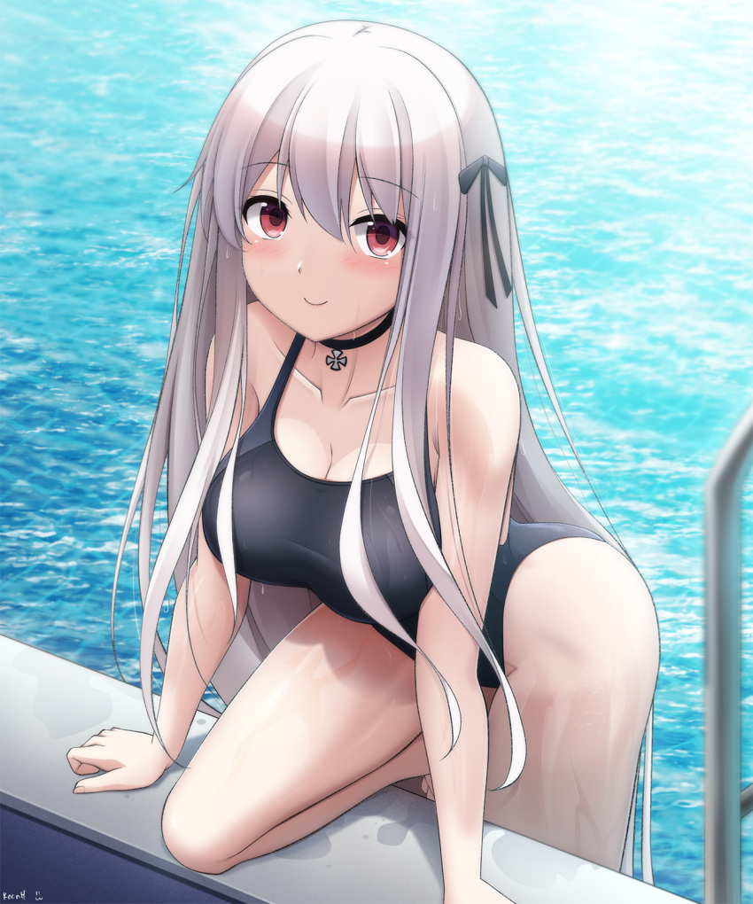 1girl black_swimsuit breasts collarbone competition_swimsuit cross_choker eyebrows_visible_through_hair girls_frontline highleg highleg_swimsuit highres iron_cross kar98k_(girls_frontline) keenh large_breasts long_hair looking_at_viewer one-piece_swimsuit pool poolside red_eyes smile solo swimsuit water wet white_hair