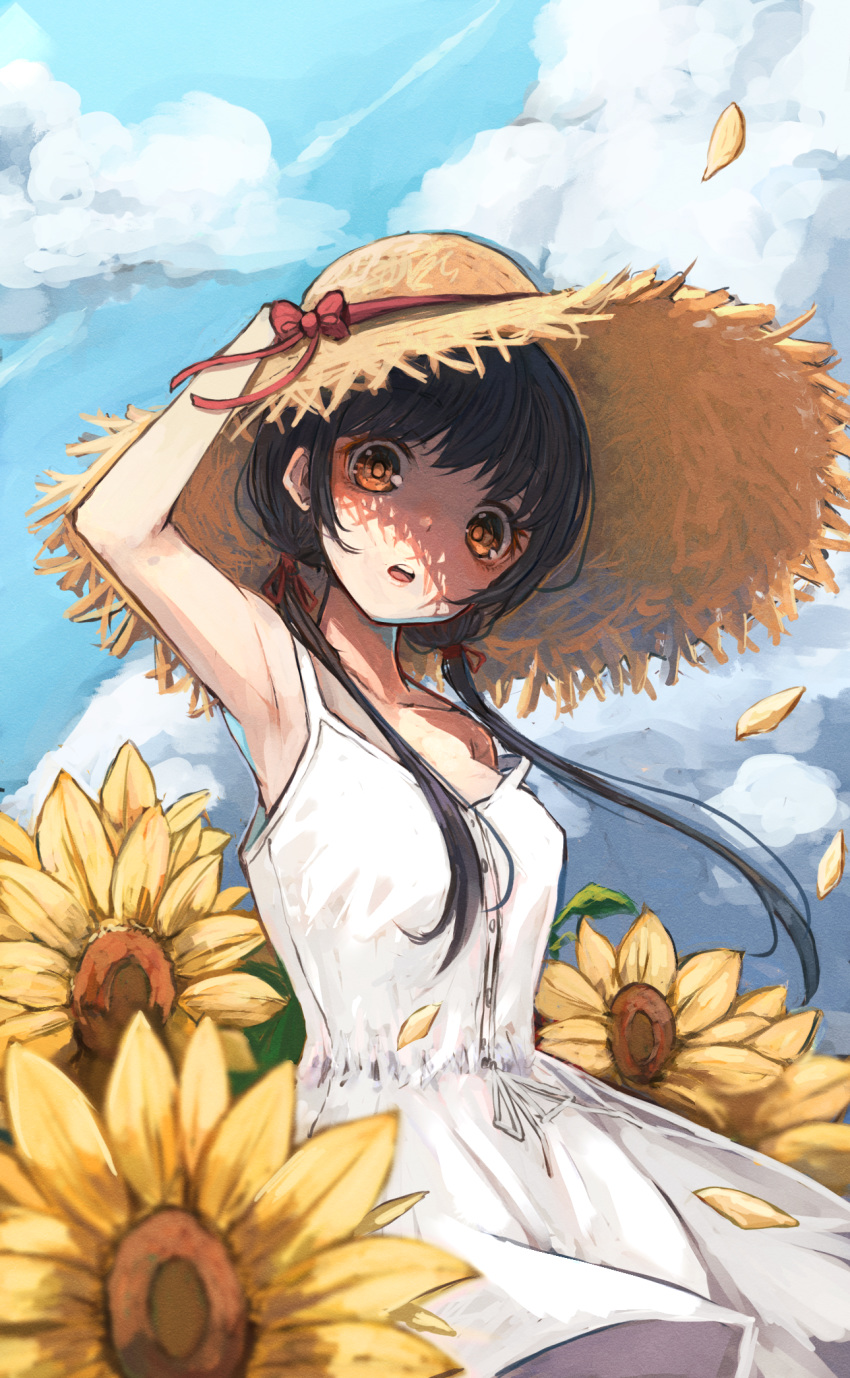 1girl arm_up armpits bangs bare_arms bare_shoulders black_hair blue_sky breasts brown_eyes clouds cloudy_sky collarbone commentary_request day dress eyebrows_visible_through_hair flower hand_on_headwear hat highres long_hair low_twintails nyucha original outdoors petals sky sleeveless sleeveless_dress small_breasts solo straw_hat summer sunflower twintails white_dress yellow_flower
