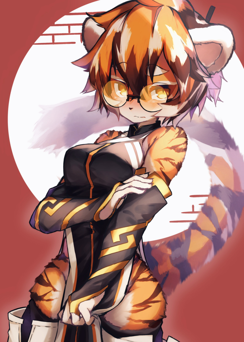 absurdres animal_ears arknights bangs breasts bridal_gauntlets china_dress chinese_clothes dress furry glasses highres multicolored_hair pelvic_curtain round_eyewear streaked_hair tab_head tail tiger_ears tiger_girl tiger_stripes tiger_tail waai_fu_(arknights)