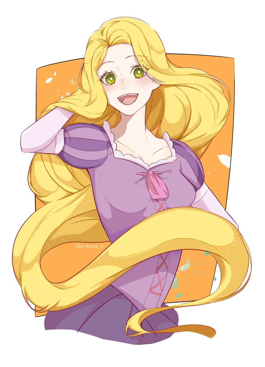 1girl :d a_mane_h absurdres blonde_hair dress green_eyes hand_in_hair highres long_hair looking_at_viewer open_mouth puffy_short_sleeves puffy_sleeves purple_dress rapunzel rapunzel_(disney) short_sleeves smile solo upper_body very_long_hair