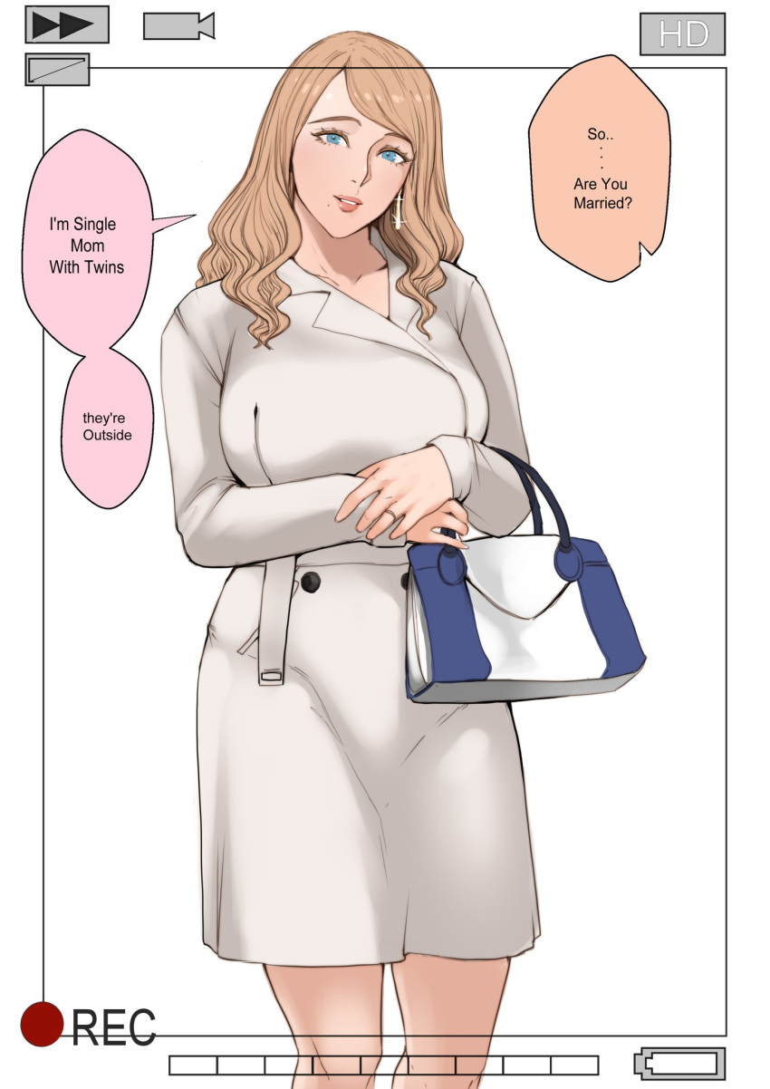 1girl bag bangs blonde_hair blue_eyes breasts coat earrings english_commentary english_text handbag hands_together highres jewelry large_breasts long_hair mature mole mole_under_mouth original parted_lips recording ring standing swept_bangs thejnsdh viewfinder white_coat