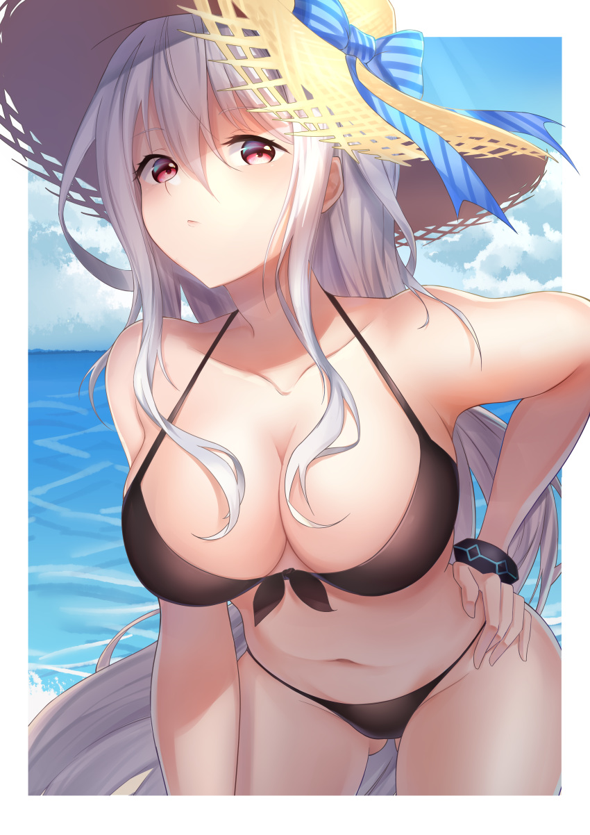 1girl absurdres arknights ass_visible_through_thighs bangs bare_arms bare_shoulders bikini black_bikini blue_bow blue_sky bow clouds collarbone cowboy_shot day front-tie_bikini front-tie_top hair_between_eyes halterneck hand_on_hip hat hat_bow highres leaning_forward long_hair looking_at_viewer navel outdoors pink_eyes silver_hair sing_shuixing skadi_(arknights) sky solo stomach striped striped_bow sun_hat swimsuit very_long_hair water