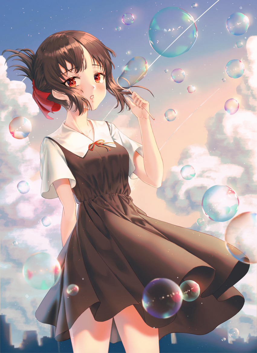 1girl absurdres arm_behind_back bangs black_dress black_hair blush breasts bubble clouds cloudy_sky collarbone commentary_request dress eyebrows_visible_through_hair folded_ponytail hair_ribbon highres jisu_lee kaguya-sama_wa_kokurasetai_~tensai-tachi_no_renai_zunousen~ looking_at_viewer outdoors parted_bangs red_eyes red_ribbon ribbon school_uniform shinomiya_kaguya shirt short_sleeves sidelocks sky solo white_shirt