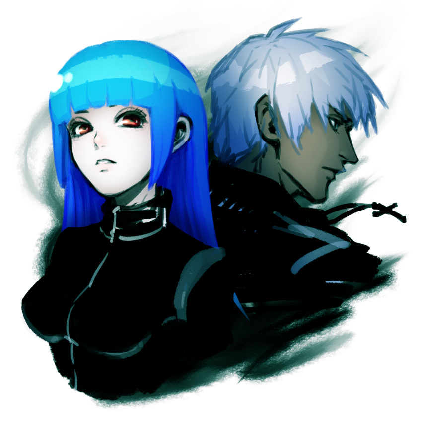 1boy 1girl absurdres bangs blue_hair bodysuit breasts cross cross_necklace dark_skin highres jewelry k' kula_diamond long_hair looking_at_viewer medium_breasts necklace simple_background the_king_of_fighters violet_eyes white_background white_hair