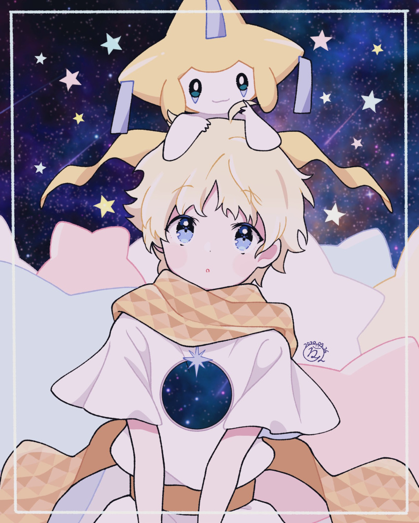 1boy 1other baggy_clothes bangs blonde_hair blue_eyes blush bright_pupils character_request creature eyebrows_visible_through_hair fate/grand_order fate_(series) full_body glowing highres male_focus namigon open_mouth parted_bangs pokemon robe scarf short_sleeves simple_background sky smile space star star_(sky) starry_background starry_sky voyager_(fate/requiem) yellow_scarf