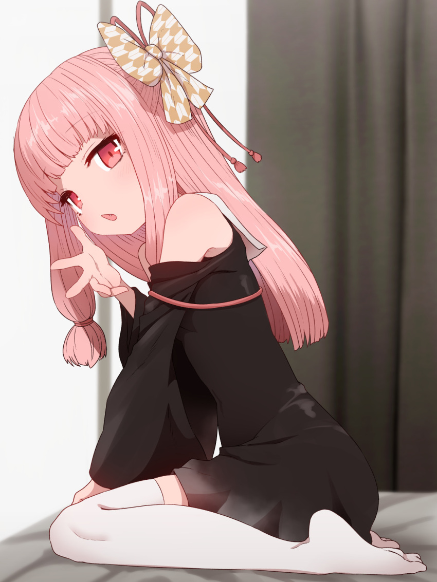 1girl armpit_crease bangs bare_shoulders bed black_dress black_sleeves blunt_bangs blurry blurry_background blush detached_sleeves dress eyebrows_visible_through_hair fang hair_ribbon hair_tie highres indoors kotonoha_akane long_hair looking_at_viewer on_bed open_mouth pink_eyes pink_hair red_ribbon ribbon room sidelocks sitting sitting_on_bed solo speech_bubble sumiyao_(amam) thigh-highs voiceroid white_legwear